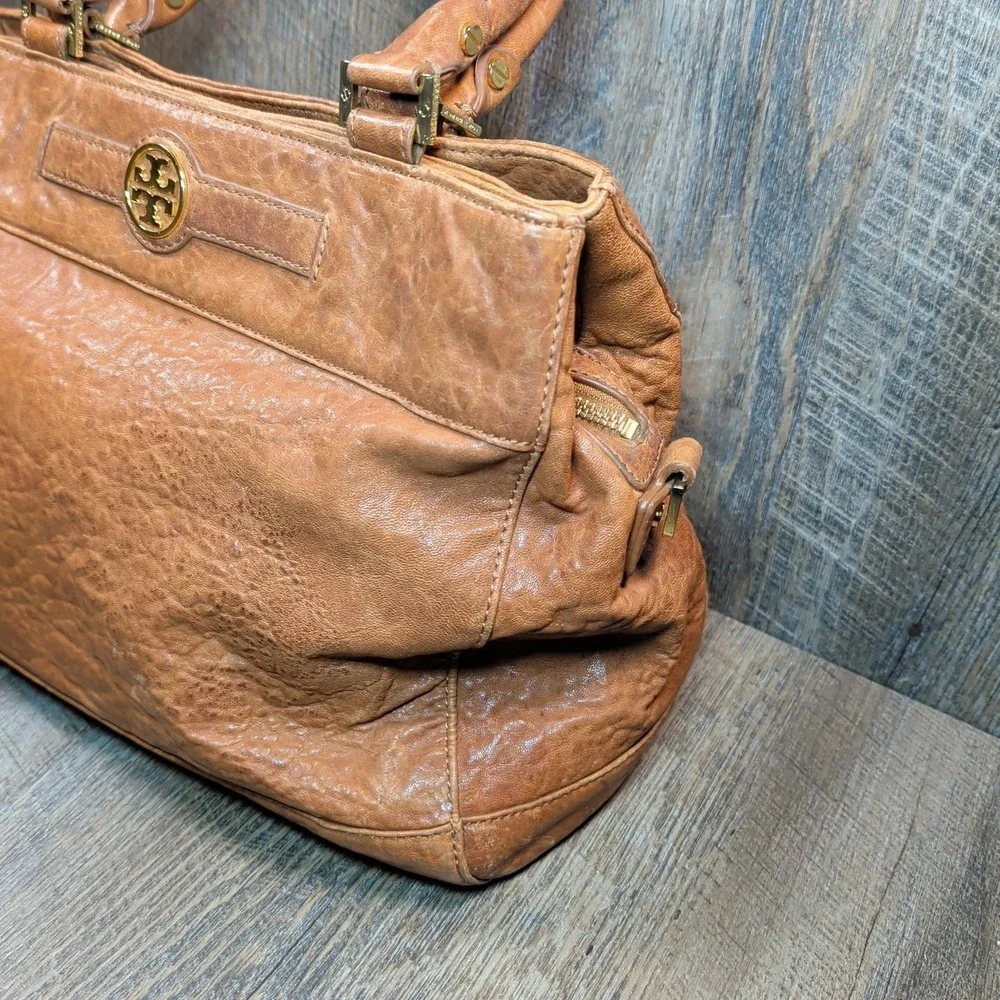 Tory Burch Audra Satchel Bag Brown Leather Double Handle Handbag Purse Tote